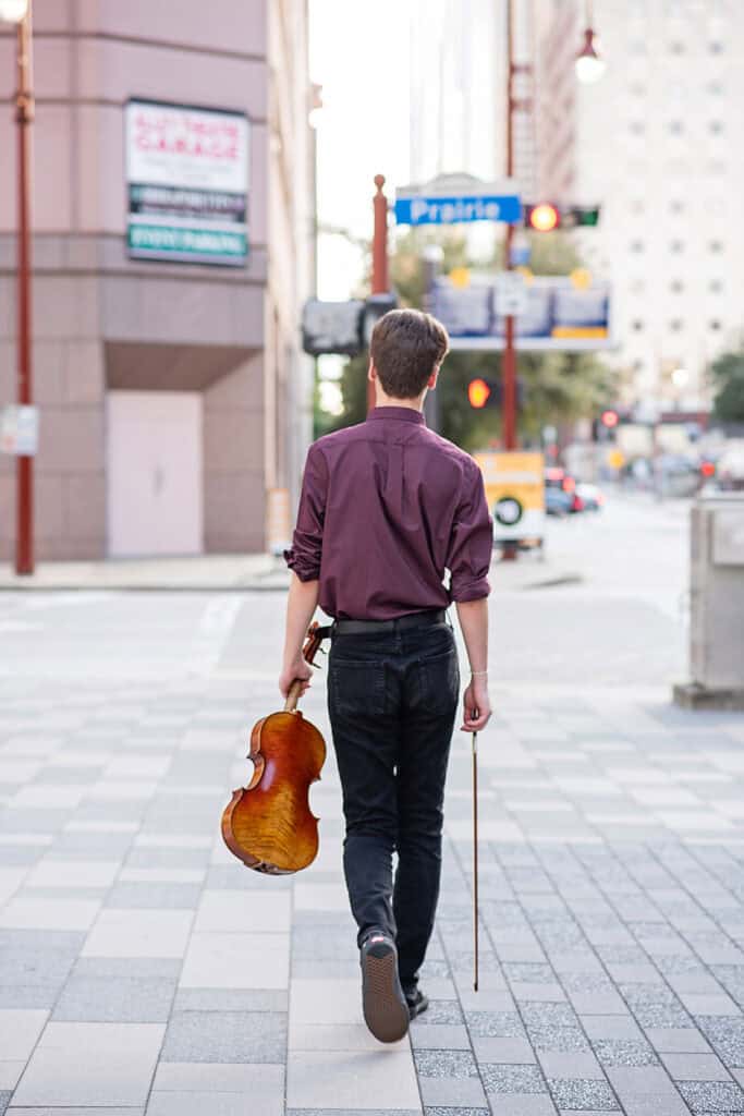 Downtown senior session with an instrument 